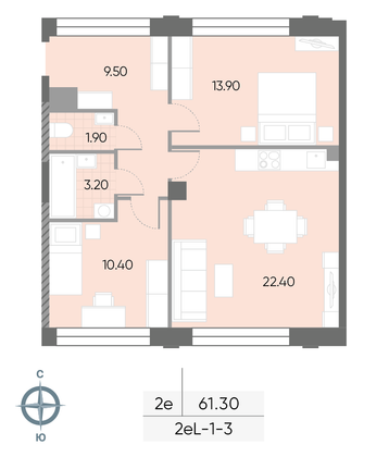 Продажа 2-комнатной квартиры 61,3 м², 3/30 этаж