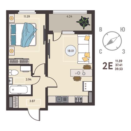 39,5 м², 1-комн. квартира, 3/18 этаж