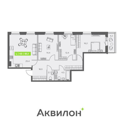 95,1 м², 3-комн. квартира, 6/13 этаж