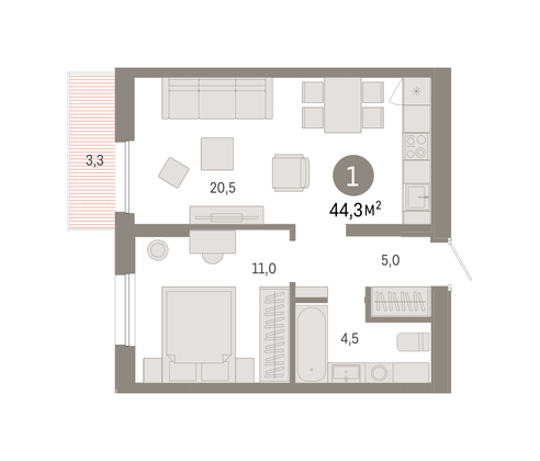 Продажа 1-комнатной квартиры 44,3 м², 6/9 этаж