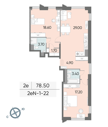 78,5 м², 2-комн. квартира, 22/58 этаж