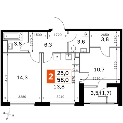 58 м², 2-комн. квартира, 30/30 этаж