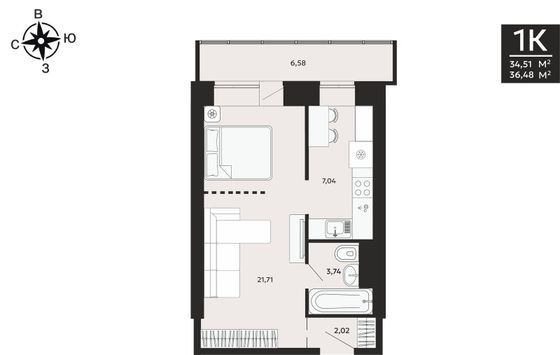 36,5 м², 1-комн. квартира, 7/8 этаж