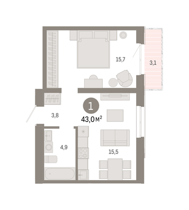 Продажа 1-комнатной квартиры 42,9 м², 4/9 этаж