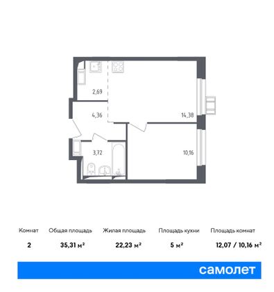 Продажа 2-комнатной квартиры 35,3 м², 5/17 этаж