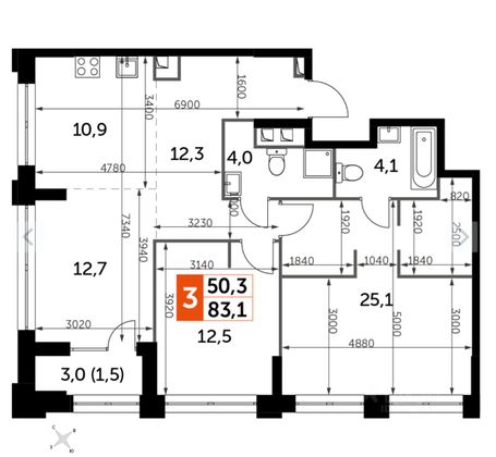 Продажа 3-комнатной квартиры 79,6 м², 10/49 этаж