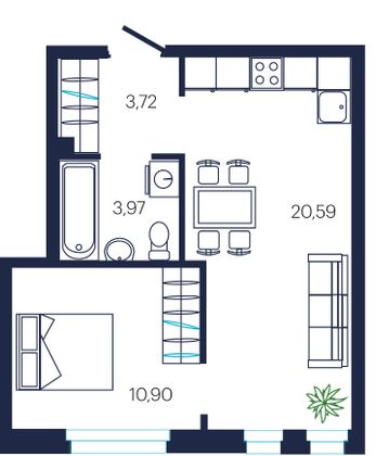 39,2 м², 1-комн. квартира, 9/19 этаж