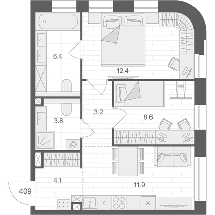 50,4 м², 2-комн. квартира, 4/12 этаж