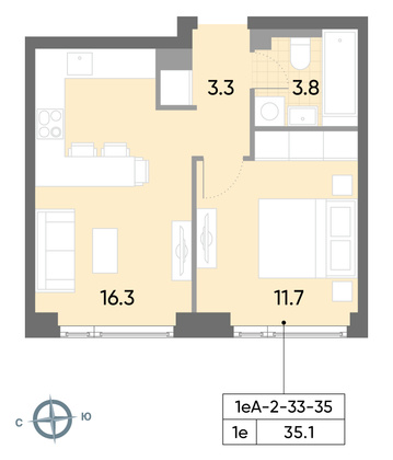 Продажа 1-комнатной квартиры 35,1 м², 35/52 этаж