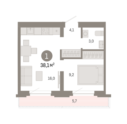 38 м², 1-комн. квартира, 7/9 этаж