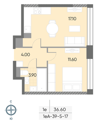 Продажа 1-комнатной квартиры 36,6 м², 8/30 этаж