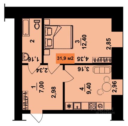 Продажа 1-комнатной квартиры 31,9 м², 2/2 этаж