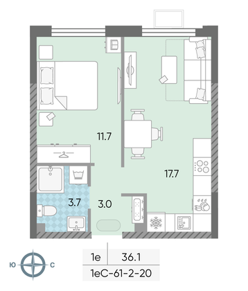 36,1 м², 1-комн. квартира, 20/24 этаж