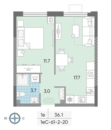Продажа 1-комнатной квартиры 36,1 м², 20/24 этаж