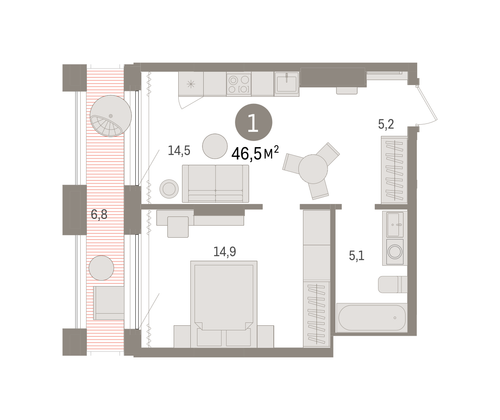 46,5 м², 1-комн. квартира, 17/17 этаж