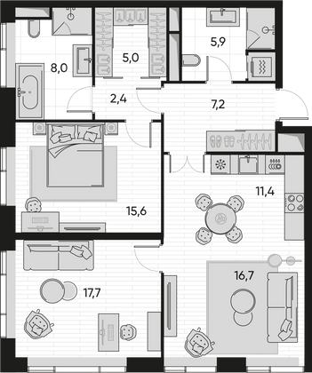 Продажа 3-комнатной квартиры 89,9 м², 3/22 этаж