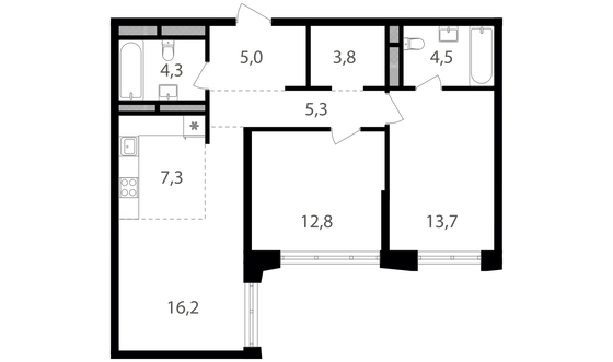 72,9 м², 2-комн. квартира, 23/25 этаж