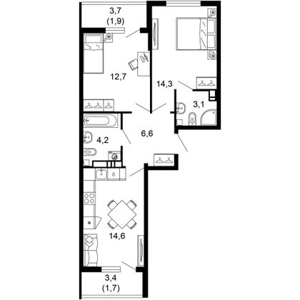 59,1 м², 2-комн. квартира, 13/17 этаж