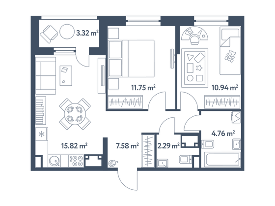 54,8 м², 2-комн. квартира, 14/25 этаж