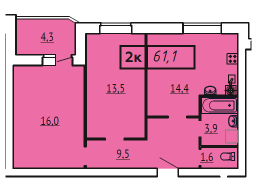 Продажа 2-комнатной квартиры 61,1 м², 1/9 этаж