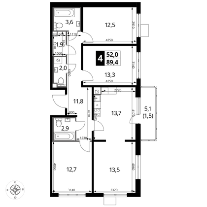 89,4 м², 5-комн. квартира, 2/15 этаж