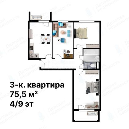 Продажа 3-комнатной квартиры 75,5 м², 4/9 этаж