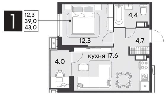Продажа 1-комнатной квартиры 43 м², 10/18 этаж