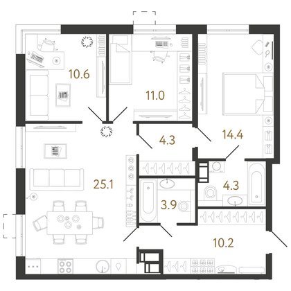 83,8 м², 3-комн. квартира, 7/23 этаж