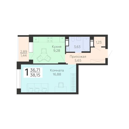 Продажа 1-комнатной квартиры 38,2 м², 2/19 этаж