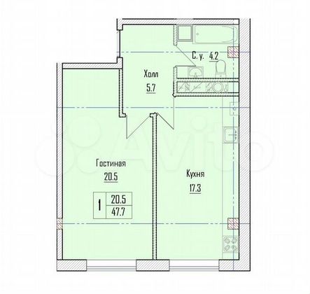 Продажа 1-комнатной квартиры 47,7 м², 5/11 этаж