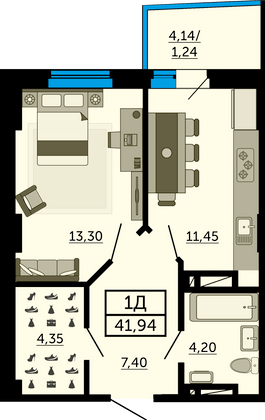 41,6 м², 1-комн. квартира, 19/27 этаж