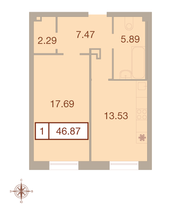 Продажа 1-комнатной квартиры 46,4 м², 1/9 этаж