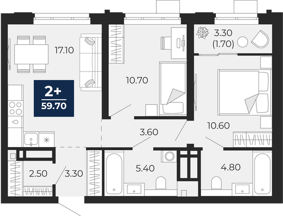 59,7 м², 2-комн. квартира, 11/25 этаж