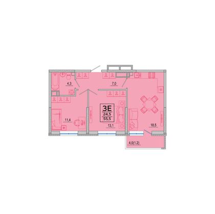 55,7 м², 2-комн. квартира, 20/24 этаж