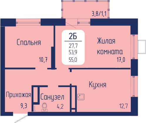 55 м², 2-комн. квартира, 18/24 этаж