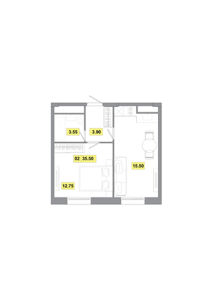35,5 м², 2-комн. квартира, 1 этаж