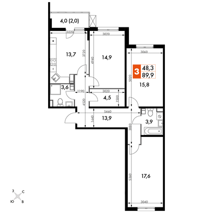 89,9 м², 3-комн. квартира, 16/22 этаж