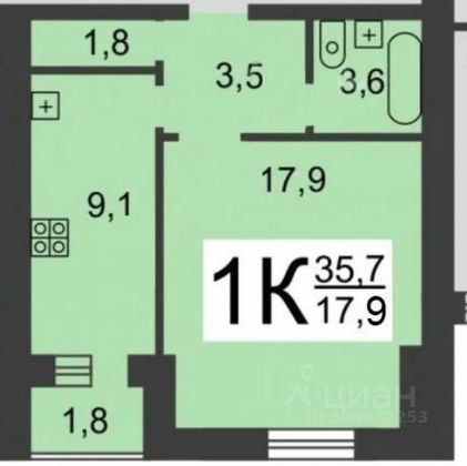 Продажа 1-комнатной квартиры 35,7 м², 9/9 этаж