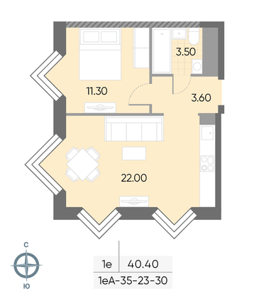 Продажа 1-комнатной квартиры 40,4 м², 28/30 этаж