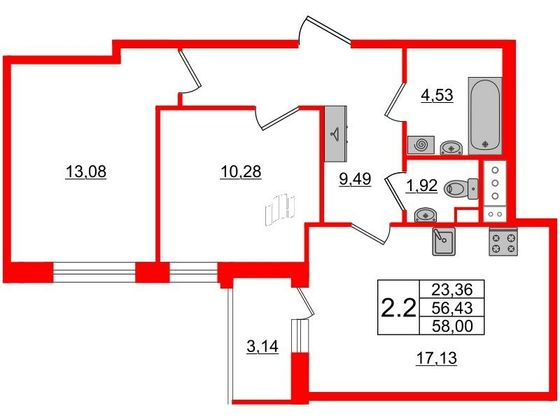 Продажа 2-комнатной квартиры 56,4 м², 8/9 этаж