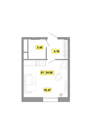 24,1 м², 1-комн. квартира, 1 этаж