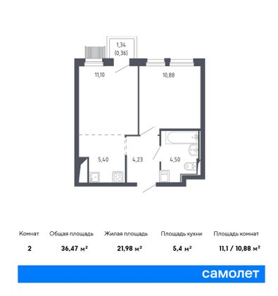 Продажа 2-комнатной квартиры 36,5 м², 6/17 этаж