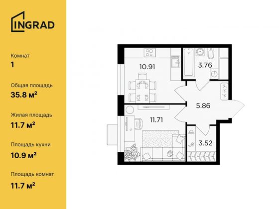 35,8 м², 1-комн. квартира, 24/24 этаж