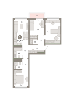 Продажа 3-комнатной квартиры 84,9 м², 4/8 этаж