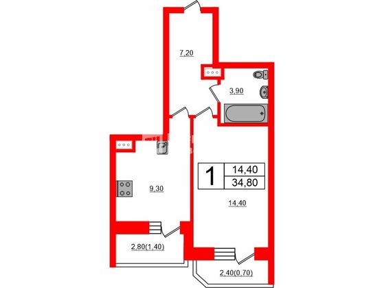 Продажа 1-комнатной квартиры 34,8 м², 8/16 этаж