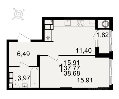 Продажа 1-комнатной квартиры 38 м², 23/25 этаж