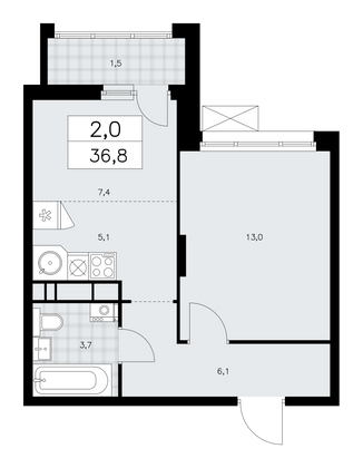 36,8 м², 2-комн. квартира, 14/15 этаж