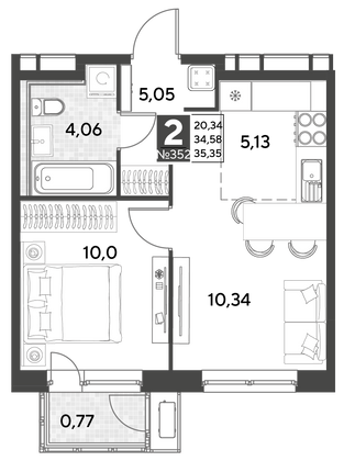 Продажа 2-комнатной квартиры 35,3 м², 21/25 этаж