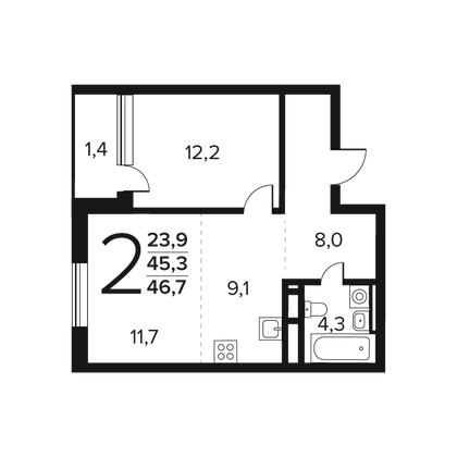 46,7 м², 2-комн. квартира, 9/11 этаж