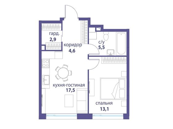 Продажа 1-комнатной квартиры 43,6 м², 2/14 этаж